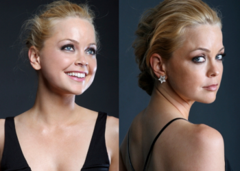 Side-by-side studio portraits of Marisa Coughlin in a black sleeveless dress, smiling and looking upward on the left and glancing over her shoulder with her hair in an updo and a star-shaped earring on the right.