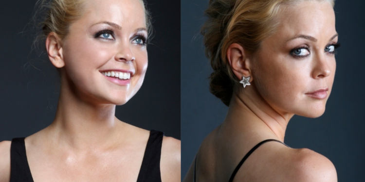 Side-by-side studio portraits of Marisa Coughlin in a black sleeveless dress, smiling and looking upward on the left and glancing over her shoulder with her hair in an updo and a star-shaped earring on the right.