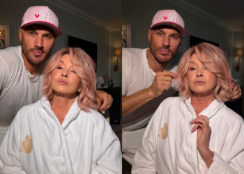 Martha Stewart and Chris Appleton pose together as she debuts her new rose gold pink hair, colored by Chris Appleton using Schwarzkopf Professional.