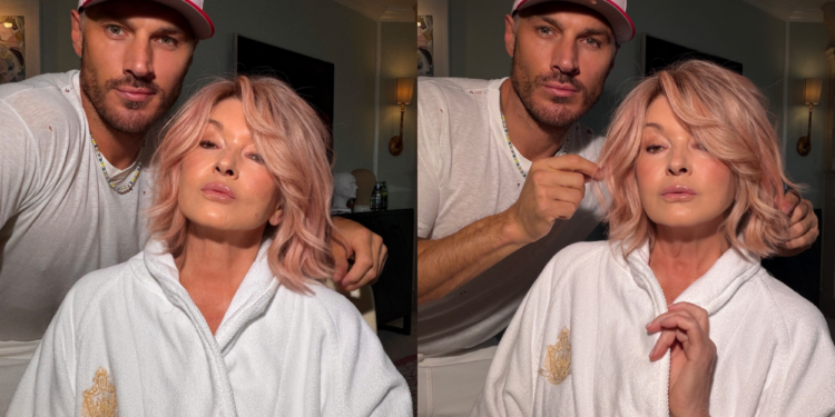 Martha Stewart and Chris Appleton pose together as she debuts her new rose gold pink hair, colored by Chris Appleton using Schwarzkopf Professional.