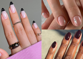 Collage of three minimalist Halloween manicures: black cat-eye French tips, tiny white ghosts on nude nails and glossy oxblood.