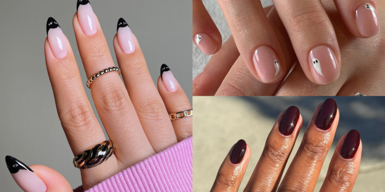 Collage of three minimalist Halloween manicures: black cat-eye French tips, tiny white ghosts on nude nails and glossy oxblood.